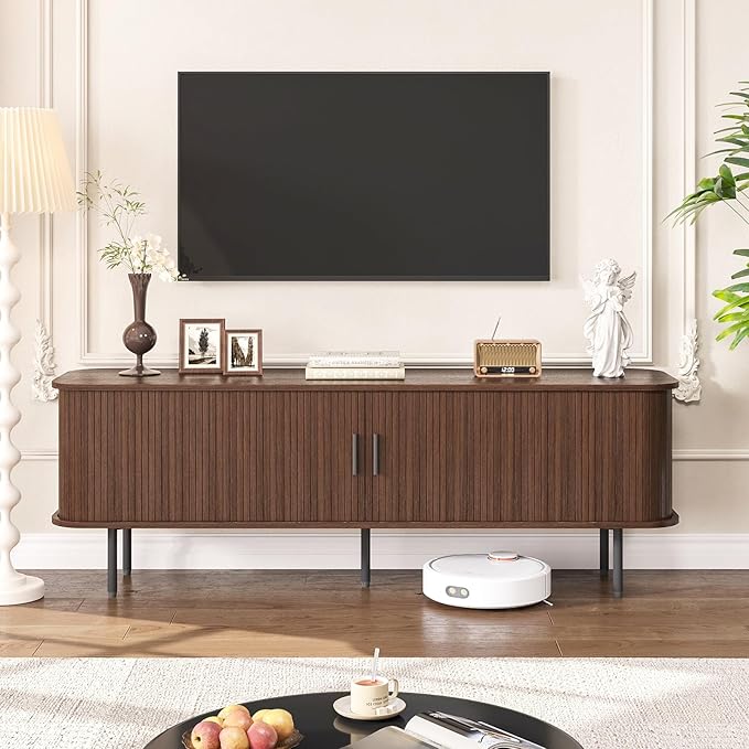 63" Mid Century Modern Fluted TV Stand for TVs up to 75 Inch, Gaming Entertainment Center with Tambour Slatted Sliding Doors, Media TV Consoles Table for Living Room, Walnut