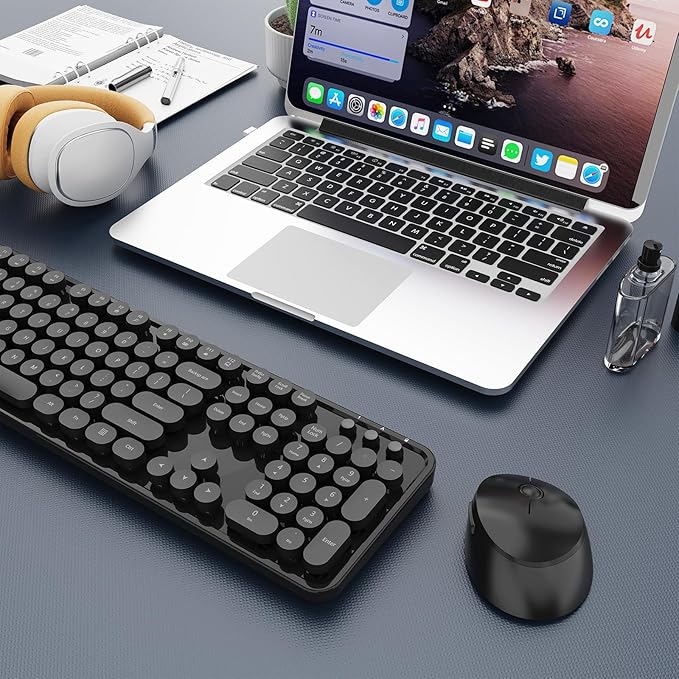 Wireless Keyboard and Mouse Combo, Ergonomic Full Size Typewriter Retro Round Keycaps Keyboard, Compatible with Windows, PC, Perfer for Home and Office Keyboards (Black