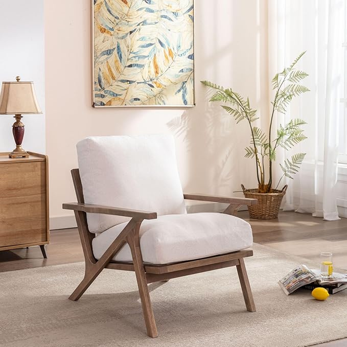 Wahson Mid Century Chair, Upholstered Accent Armchair, with Wood Frame and Removable Linen Cushions, Leisure Slipper Chair for Living Room/Bedroom, Cream