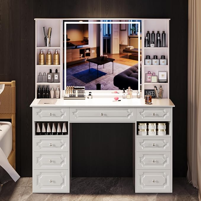 Vanity Desk with Mirror and Lights,Makeup Vanity Desk with Facial Mask Box, Dressing Table with Bluetooth Speaker, Makeup Vanity Set with Wireless Charger, 9 Drawers and 10 Shelves (White)