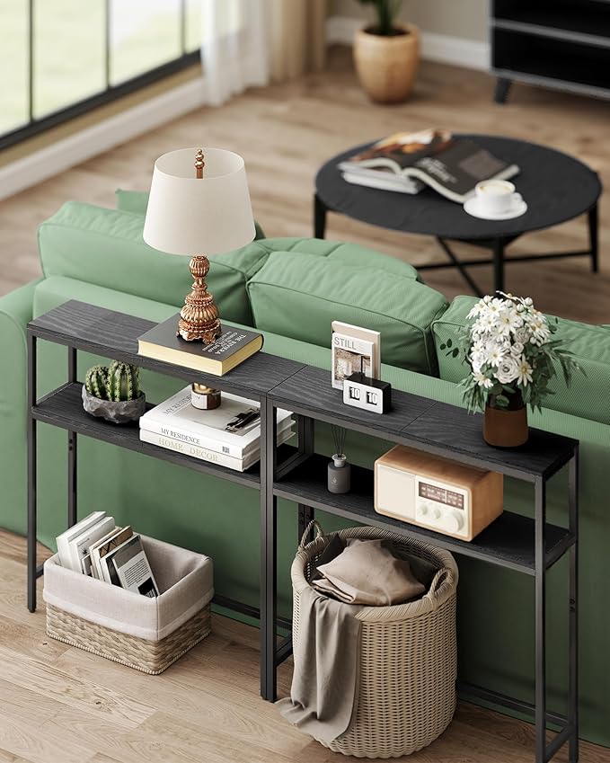 VASAGLE Console Table, 2-Tier Narrow Sofa Table with 2 Shelves, 7.9 x 31.5 x 31.5 Inches, for Living Room, Hallway, Entryway, Charcoal Gray and Ink Black ULNT130B22V1