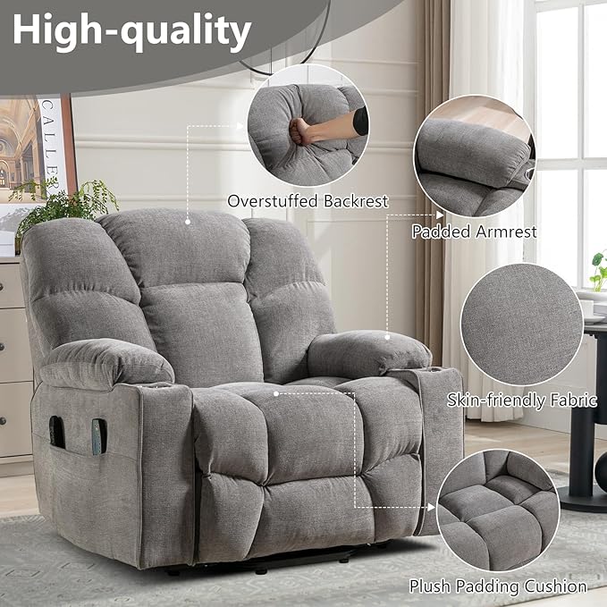 CANMOV Oversized Power Lift Recliner Chair for Elderly, Big and Tall Electric Recliner Chair with Massage and Heating, Dual Motor Heavy Duty Lift Recliner with USB Port, Cup Holders, Pockets, Grey