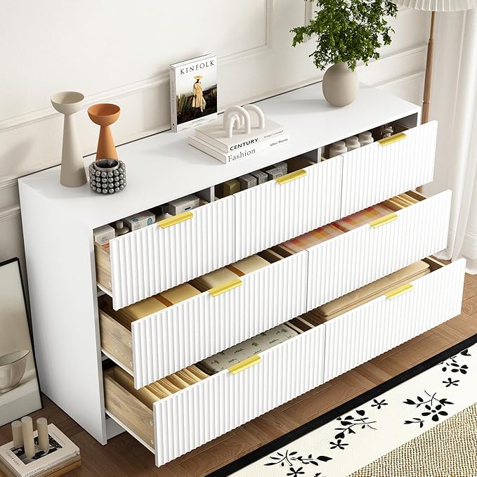 7 Drawers Dresser for Bedroom,55" Wide Fluted Dresser with Deep Drawers, Modern Chest of Drawers, Wood TV Stand Storage Organizer for Closet, Living Room, Hallway, White
