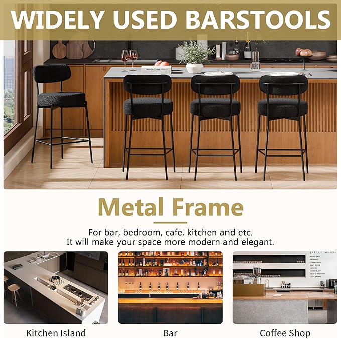 DYHOME Black Bar Stools Set of 2, 24 Inches Modern Counter Height Bar Stools with Curved Back Metal Legs, Upholstered Boucle Barstools for Kitchen Island, Cafe