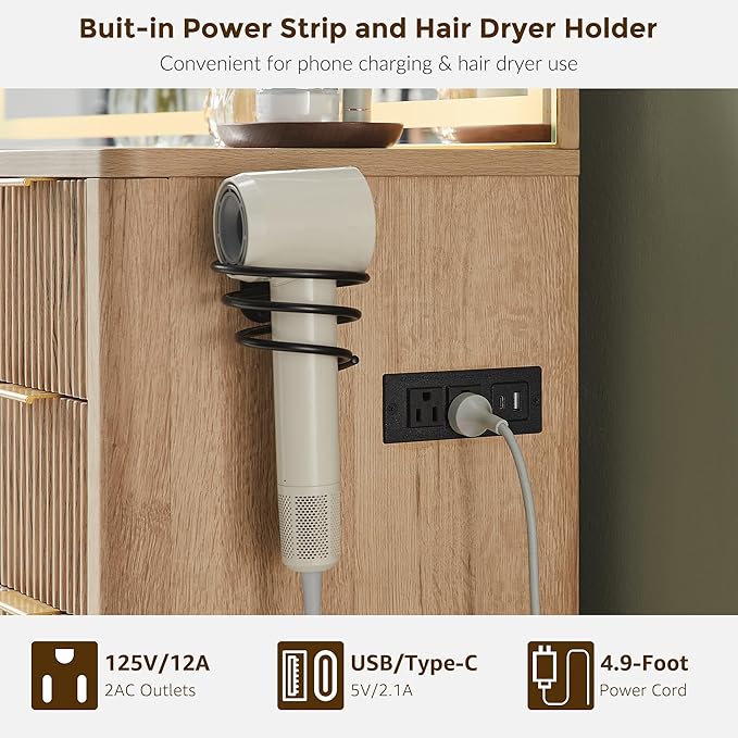 T4TREAM 48" Fluted Makeup Vanity Desk with 48" Large Mirror and HD Lights, Modern Vanity Table with 9 Drawers & Charging Station, Glass Top and Golden Handles Dressing Table for Bedroom,Natural Oak