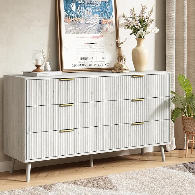 CARPETNAL Fluted 6 Double Drawers White Dresser for Bedroom, 55”Wide Modern Chest of Drawers with Deep Drawers,Wood Drawer Organizer for Bedroom Living Room, Hallway, White