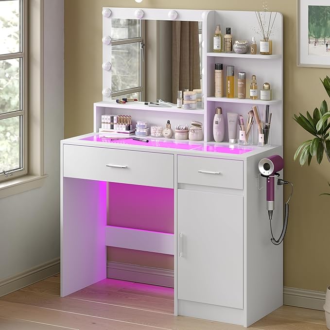 43" W Vanity Desk with Mirror & 11 Lights,Modern Makeup Desk with 5 Drawers & Cushioned Stool,3 Lighting Modes Brightness Adjustable,Power Outlet,Bedroom Dressing Table, Pink (3 Drawers) (White)