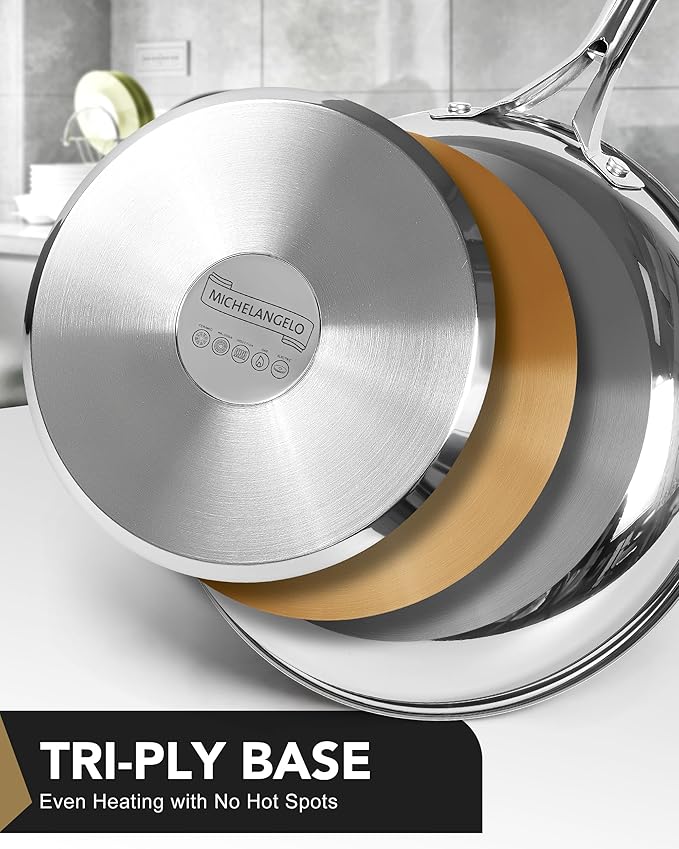 MICHELANGELO Stainless Steel Frying Pan Set, 8" 10" Cooking Pan set with Triply Base, Stainless Steel Skillet with Ergonomic Handle, Induction Compatible