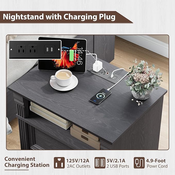 Nightstand with Charging Station, Farmhouse End Table with 2 Drawers and Storage Shelf, Wooden Bedside Table with Metal Handles, Vintage Design, Organizer for Bedroom, Hallway, Grey