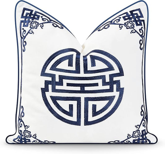 Hofdeco Premium Coastal Hampton Style Patio Indoor Outdoor Throw Pillow Cover Only, 18"x18" Water Resistant for Backyard, Couch, Navy Blue Embroidered Longevity Symbol