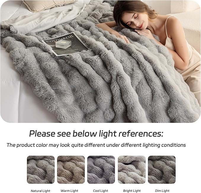 Faux Rabbit Fleece Queen Blanket for Couch & Bed - Gray Fluffy Plush Thick Winter Fleece, Ultra Soft Bubble Texture Cozy Home Decor for Sofa Bedroom Living Room, 90x90 Inch