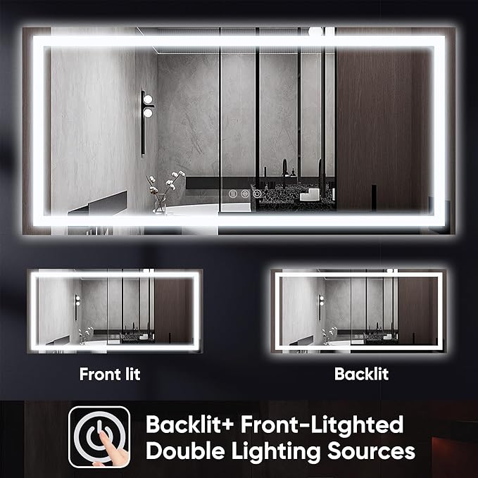 Antok 72"x 36" LED Bathroom Mirror with Lights, Anti-Fog, Dimmable, Lighted Vanity Mirror with Tempered Glass, Memory Function, 3 Light Modes, Safe Use, Horizontal, Vertical