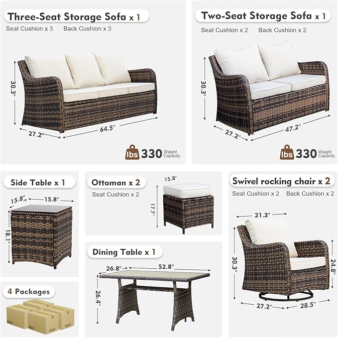 8 Pieces Patio Furniture Set with Swivel Rocking Chairs, Patio Conversation Set with Dining Table, Patio Dining Set with Waterproof Cushions for Lawn Backyard Porch (Brown)