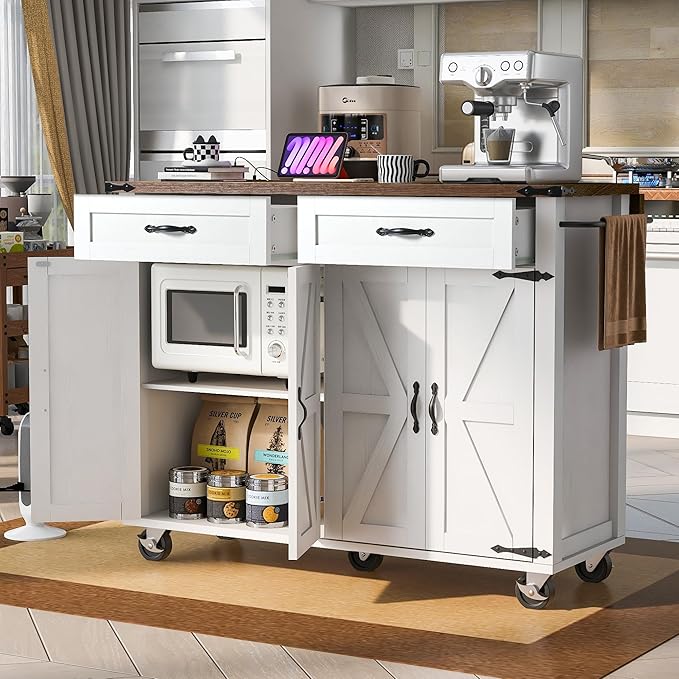 Merax 53.5" Kitchen Cart Island on Wheels with Power Outlet,Drop Leaf,Spice Rack,Farmhouse Wood Frame Storage Cabinet for Dining Room