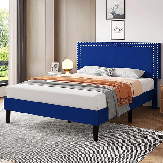 VECELO Queen Size Bed Frame with Adjustable Upholstered Headboard, Wooden Slats Platform, Noise-Free Design, Easy Assembly