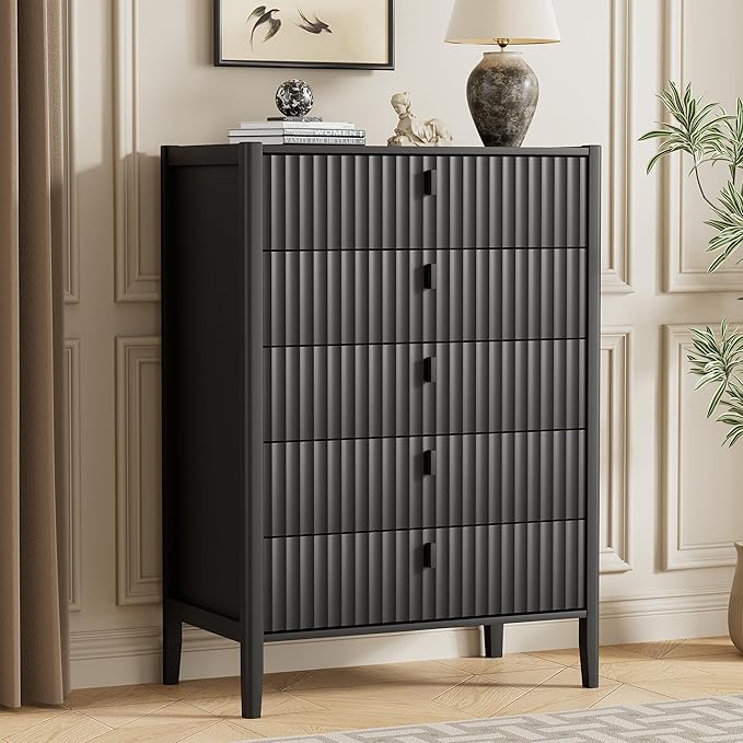 Black 5 Drawer Dresser, 31.5" Wide White Modern Dresser with Fluted Front & Metal Handles for Bedroom, Living Room