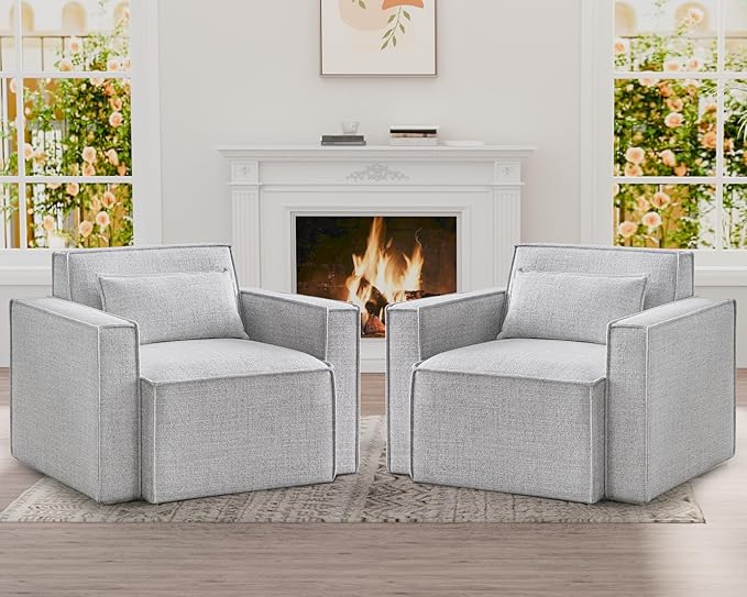 ELUCHANG Oversized Accent Chair Set of 2,Modern Boucle Sofa Chair with Strong Wood Frame,High Supportive & Soft Sponges,Comfy Upholstered Armchair Reading Chairs for Living Room Apartment,Light Grey