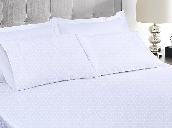 Threadmill 500 Thread Count Queen Size Sheets 4 Pc Luxury Cotton Bedding Set, Jacquard Floria Hotel White, Silky Smooth Sheets with 16" Elasticized Deep Pocket, 2 Pillowcases & Free Tote Bag