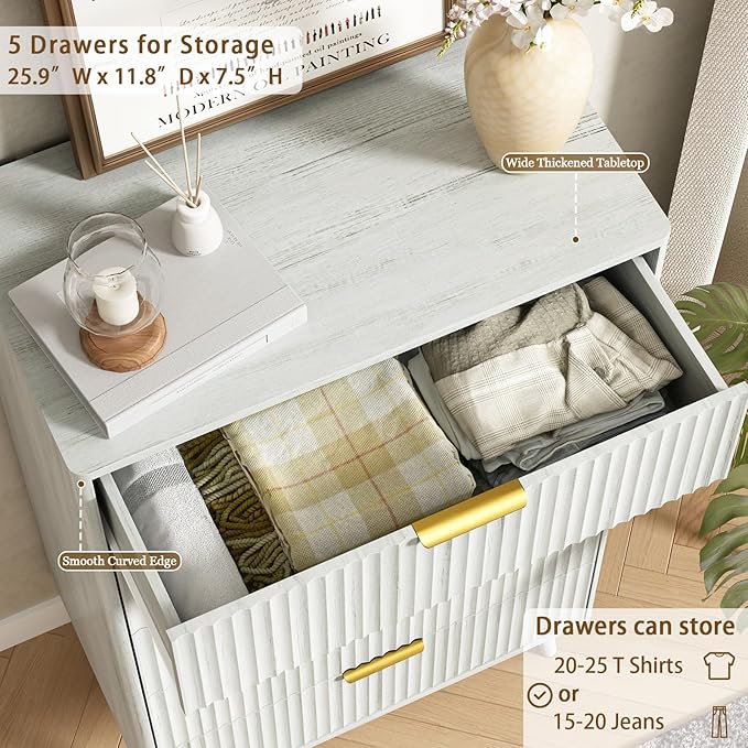 CARPETNAL Fluted 5 Drawers Dresser for Bedroom, 45”Tall Modern Chest of Drawers with Deep Drawers,Curved Profile Design, Wood Drawer Organizer for Living Room, Hallway, White