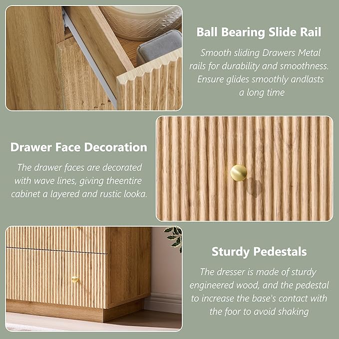 Fluted Dresser for Bedroom, 5 Drawer Dressers, Wood Tall Dresser Storage Organizer, Chest of Drawers with Deep Storage, Modern Bedroom Chest for Closet Hallway, Entryway, Living Room, Natural