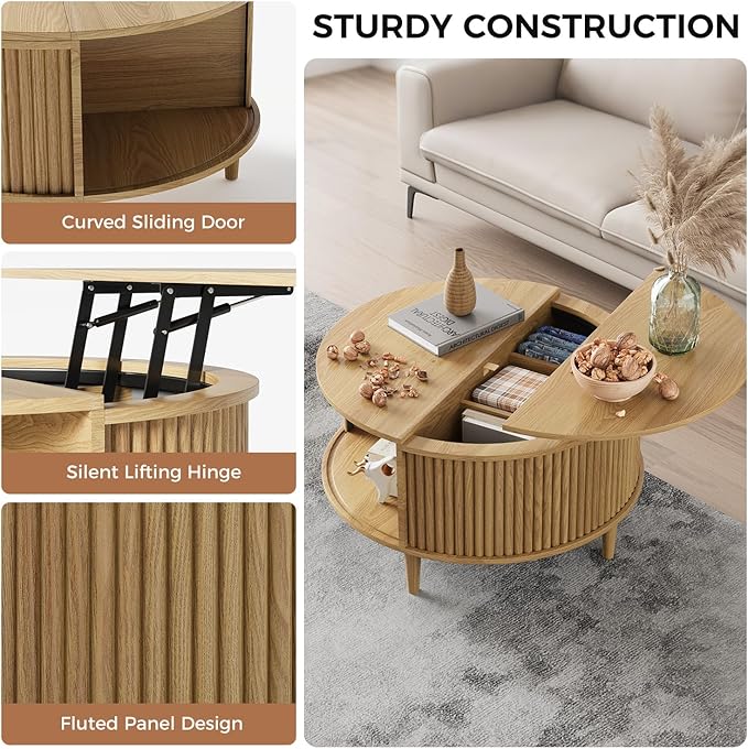 Round Coffee Table with Storage, Fluted Lift Top Coffee Table for Living Room, 31.5" Mid Century Modern Center Table with Sliding Cabinet Door, Natural Oak
