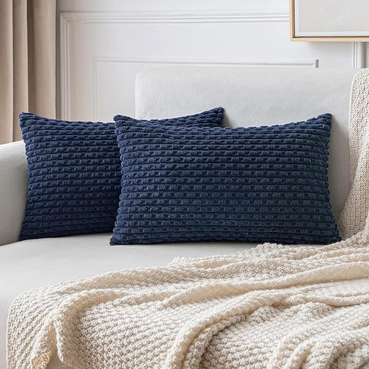 MIULEE Throw Pillow Covers Soft Corduroy Decorative Set of 2 Boho Striped Pillow Covers Pillowcases Farmhouse Home Decor for Couch Bed Sofa Living Room 12x20 Inch Navy Blue