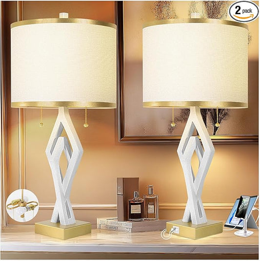 Sculptural Table Lamp Set of 2 for Bedroom, 26” White Modern Bedside Lamps for Living Room, White Linen with Gold Trim Shade, Dual S Nightstand Lamp Metal Base with USB for Home Decor (Bulbs Included)