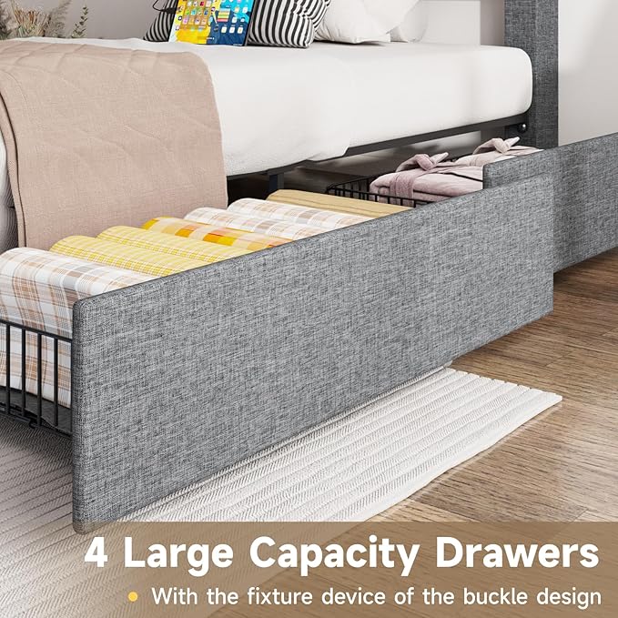 Vabches Twin Bed Frame with Storage Headboard and 4 Drawers,Upholstered Platform with Charging Station and Led Lights,Adjustable Headboard,No Box Spring Needed,Dark Grey