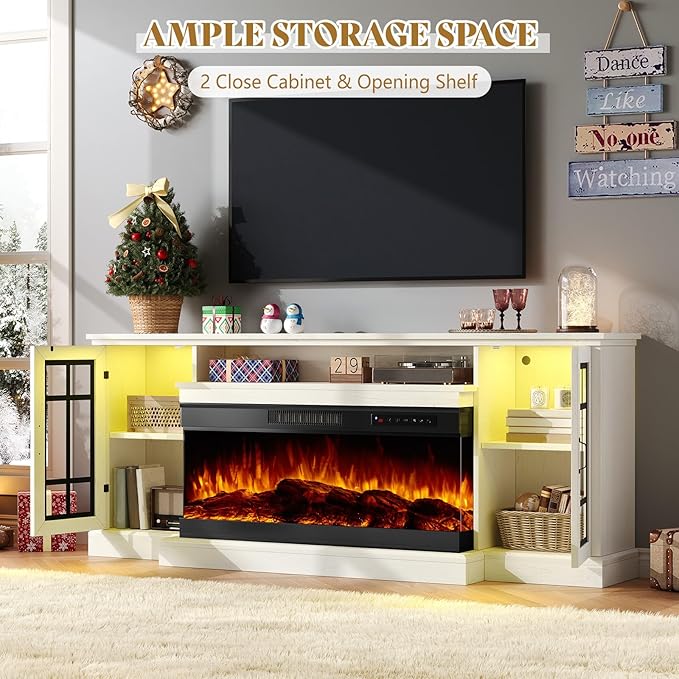 AMERLIFE 75in 3-Sided Glass Fireplace TV Stand with LED Lights for TVs up to 85", Rustic Fireplace Media Entertainment Center Console Table Cabniet with Glass Door Closed Storage, Distressed White