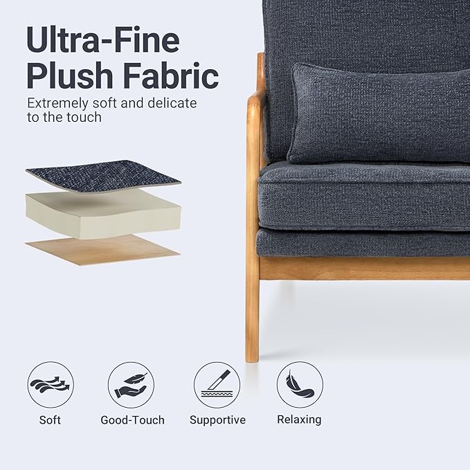 COLAMY Mid Century Modern Accent Chair Set of 2 with Lumbar Pillow, Relaxing Armchair with Solid Wood Frame & Soft Cushion, Reading Leisure Chair for Living Room（Blue）