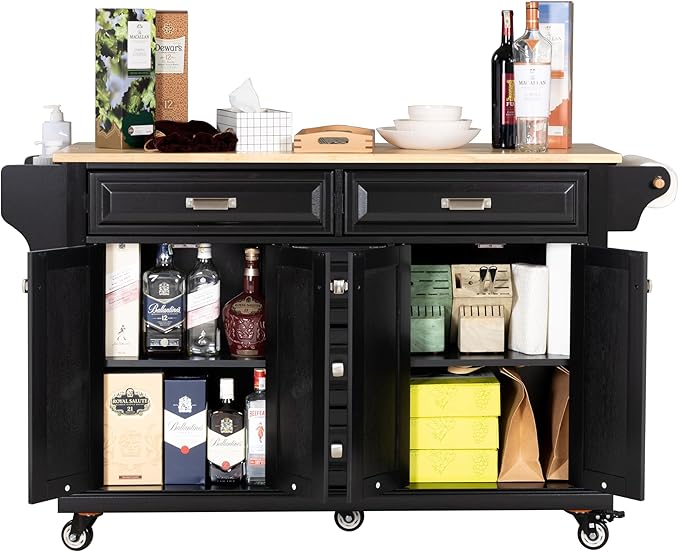 Generic 60.5"" Kitchen Island on Wheels, Rolling Island Table for Kitchen with Double Storage Cabinet and 5 Drawers, Portable Kitchen Cart with Rubber Wood Top, Black, Large