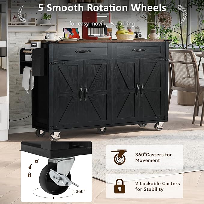 53.5''Farmhouse Kitchen Island with Power Outlet, Rolling Kitchen Cart with Drop Leaf, Storage Cabinet Table, Spice Rack and Drawer for Home, Kitchen and Dining Room (Black)