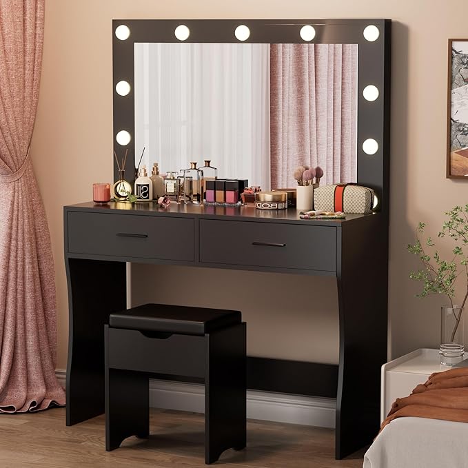 Furmax Vanity Desk Set with Large Lighted Mirror, 35.4 Inch Makeup Vanity Table with 2 Drawers, Cushioned Storage Stool, 3 Lighting Modes Brightness Adjustable, Dressing Table for Bedroom (Black)