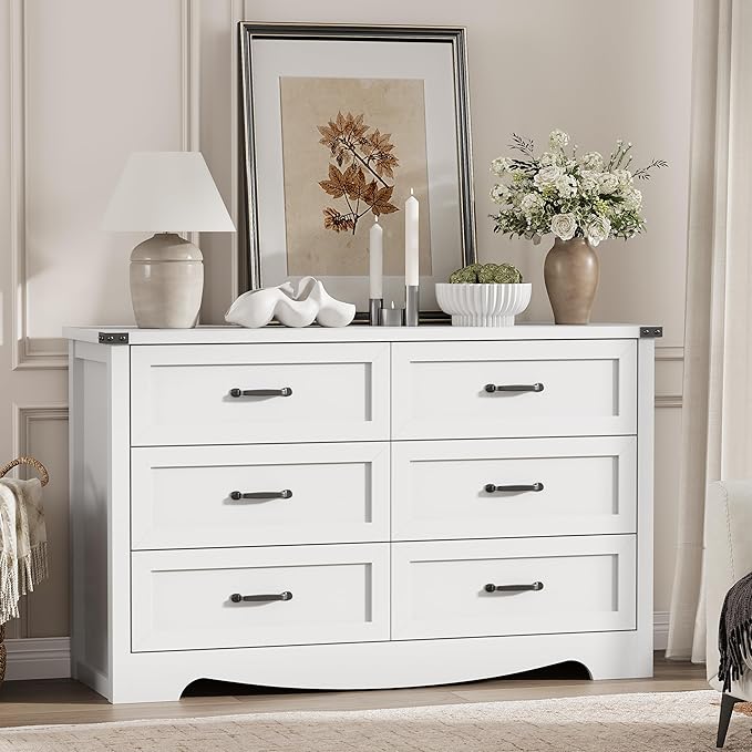 Dresser for Bedroom with 6 Drawers, 48" Wide Modern Chest of Drawers with Deep Drawers & Mental Handle, Wood Dresser TV Stand, Wooden Closet Storage Organizer for Living Room, Hallway, Entryway, White