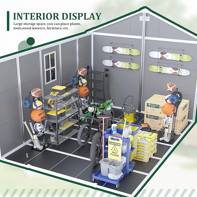 8x10 FT Outdoor Storage Resin Shed with Floor, Plastic Garden Tool Shed with Sloped Roof, Lockable Door & Windows, Easy to Assemble Bike Shed for Lawn, Backyard, Patio, Grey