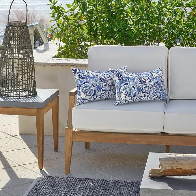 LVTXIII Outdoor Lumbar Pillow Covers 12"x20", Covers ONLY, 2 Pack 30x50cm Lumbar Cushion Cover with White Piping for Home Patio Garden Sofa Bench, Floral Bluish Violet
