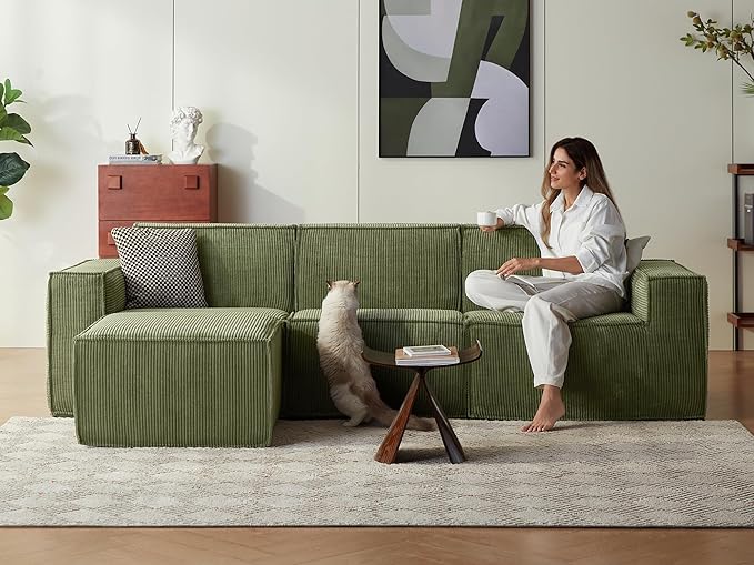 LINSY HOME Modular Sectional Sofa, 105" Boneless Couch L Shaped 3-Seat Sofa with Ottoman, Corduroy Sectional Cloud Couches for Living Room, No Assembly Required, Green