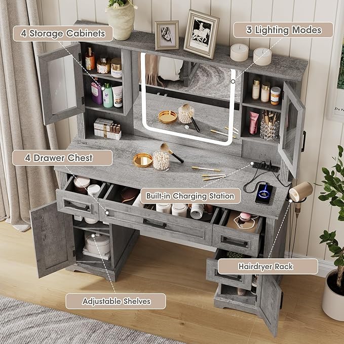 Maupvit Farmhouse Vanity Desk with Mirror and Lights, Makeup Vanity Table with Charging Station, 45" Bedroom Table with 4 Drawers and Cabinets, 3 Lighting Modes, Grey