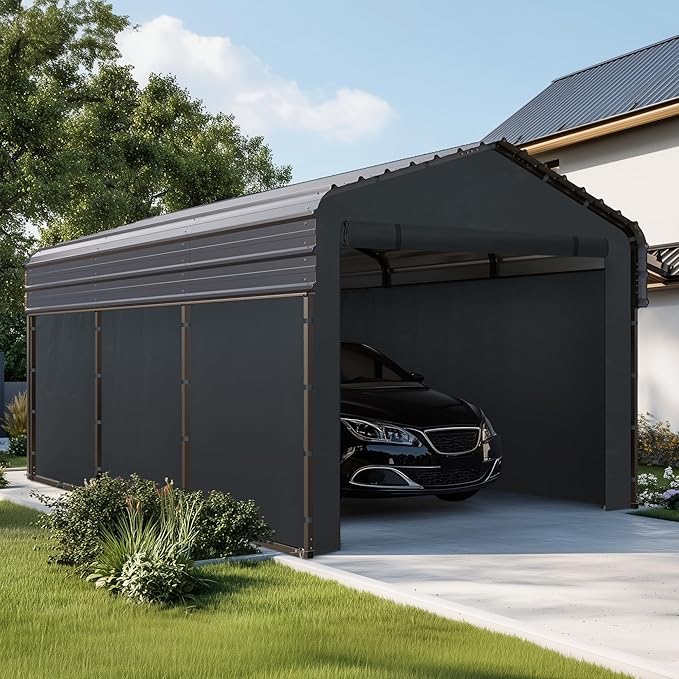 MFSTUDIO Carport 10x15 ft, Outdoor Heavy Duty Carports with Sidewalls, Metal Shed Canopy Shelters Garage Shelter Shade Car Ports with Galvanized Roof for Cars, Truck and Boats