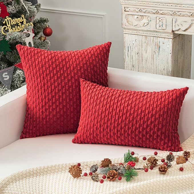 Kevin Textile Pack of 2 Corduroy Decorative Throw Pillow Covers 12x20 Inch Soft Boho Striped Christmas Pillow Covers Modern Farmhouse Home Decor for Sofa Living Room Couch Bed Red