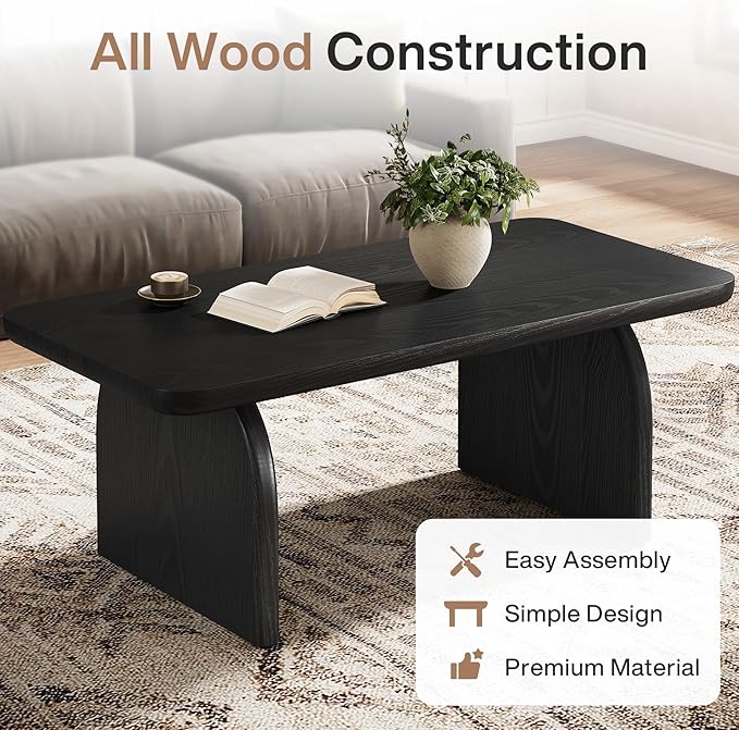 Tribesigns Farmhouse Coffee Table for Living Room, 47-Inch Mid-Century Rectangular Center Table with Rounded Corners, Modern Low Large Cocktail Tea Furniture, Easy Assembly (Black)