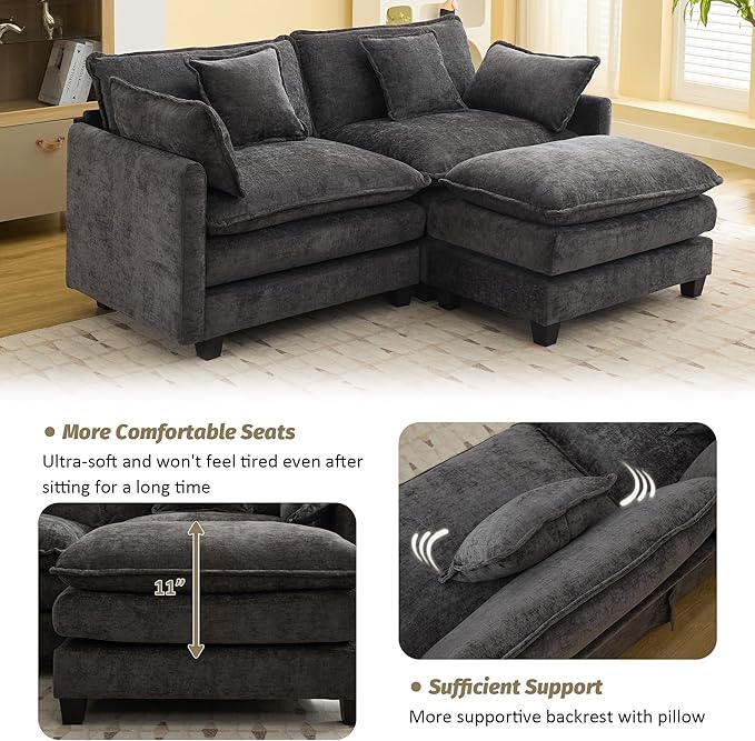76'' Cloud Deep Seat Loveseat Sofa, Upholstered Chenille Modular 3-Seats Sectional Sofa Couch with Movable Ottoman, Modern Comfy Settee Loveseat for Living Room Set, Small Apartment, Dark Grey