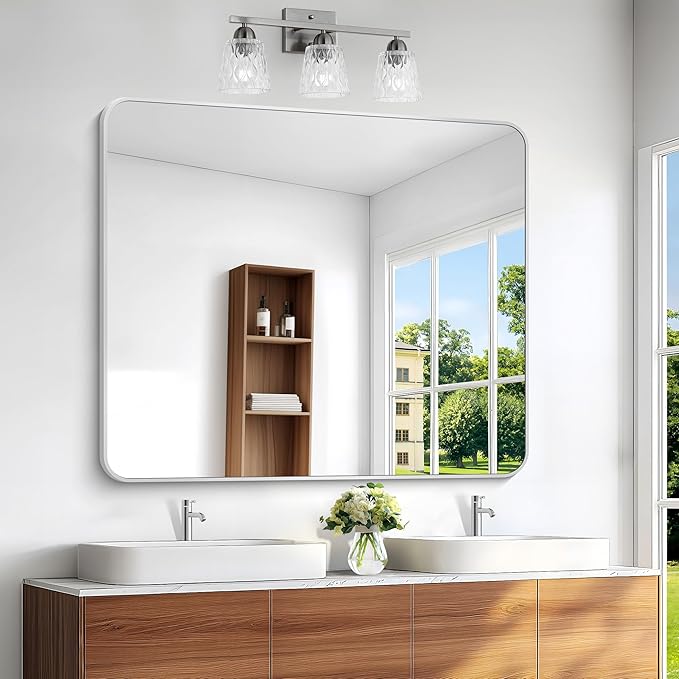 BONEWEI Silver Bathroom Mirror,40x48 inch Wall Mirror for Bathroom Wall Mounted,Rectangle Mirror for Bathroom Over Sink,Modern Frame Round Corner for Living Room,Bedroom Entryway,Horizontal/Vertical
