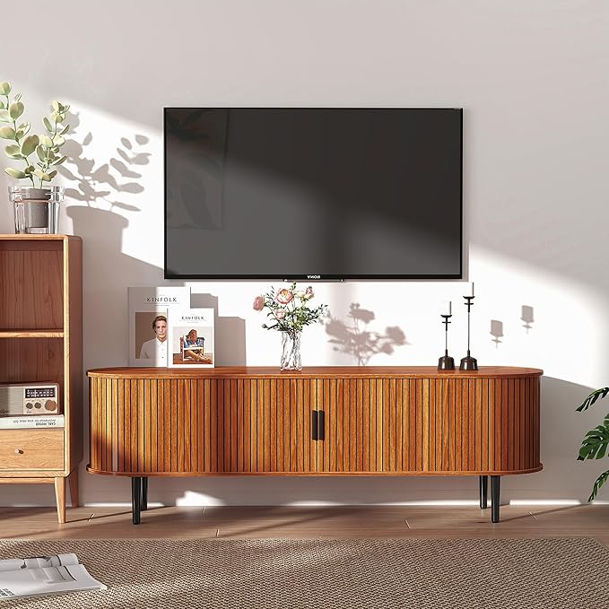 Bonzy Home 70" Mid Century Modern TV Stand, Tambour Entertainment Center with Storage, Long Media Console Television Stand with Metal Legs for up to 75'' TV, Walnut