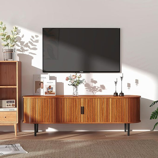 Bonzy Home 70" Mid Century Modern TV Stand, Tambour Entertainment Center with Storage, Long Media Console Television Stand with Metal Legs for up to 75'' TV, Walnut