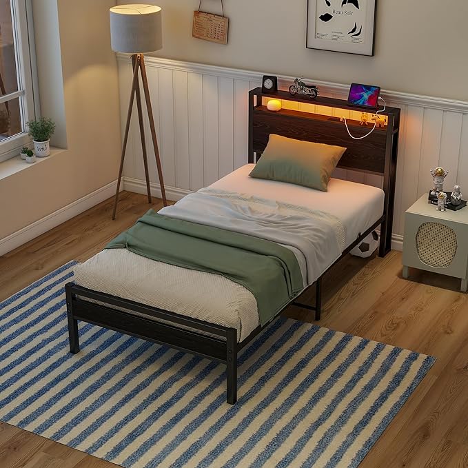 Twin Bed Frame with Storage Headboard/LED Lights,Metal Bed Frame Twin Size with Charging Station,Twin Platform Bed Frame No Box Spring Needed,Beds Base,Heavy Duty Metal Slats Support,Black
