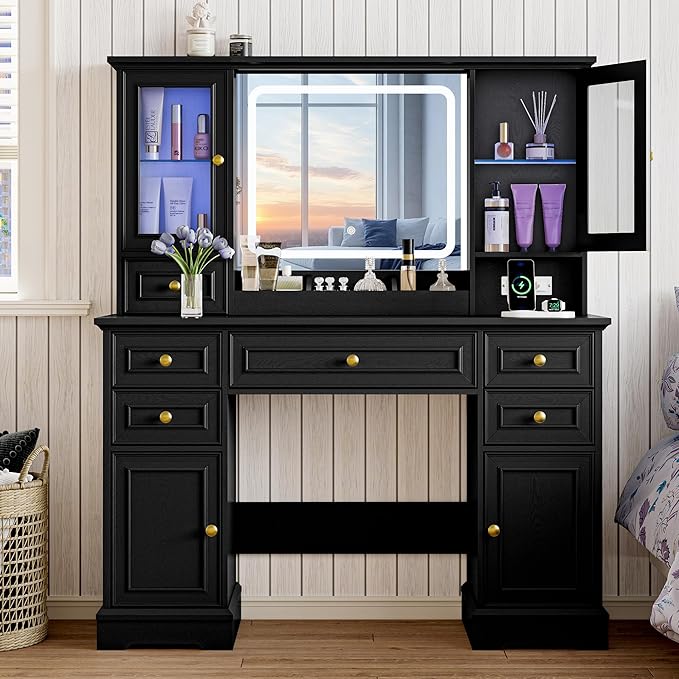 Vanity Desk with HD Lighted Mirror & Power Outlet, Farmhouse Makeup Vanity Table Set with Storage Drawers & RGB Cabinets, Large Dressing Table with 3 Lighting Modes for Women Girls Kids Bedroom, Black