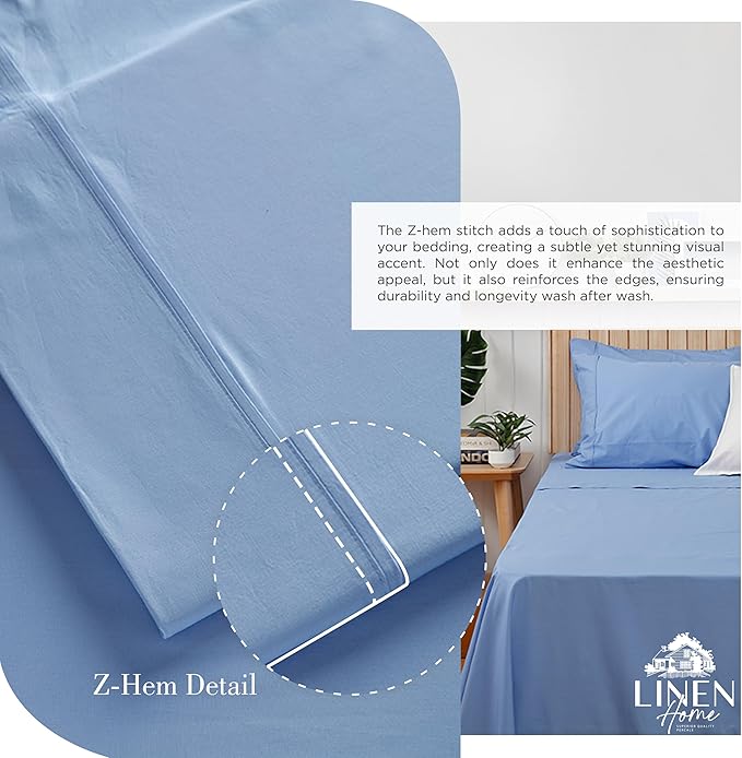 Linen Home 100% Cotton Percale Sheets Twin Size, Baby Blue, Deep Pocket, 3 Pieces Set - 1 Flat, 1 Deep Pocket Fitted Sheet and 1 Pillowcase, Crisp Cool and Strong Bed Linen