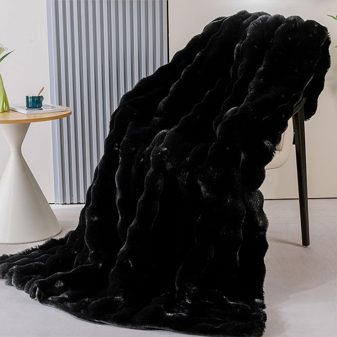 Black Faux Fur Thick Bed Soft Throw Blanket 60X80 for Couch Living Room Fluffy Bubble Faux Rabbit Fur Blanket Warm Bunny Blanket Home Decor 860 GSM