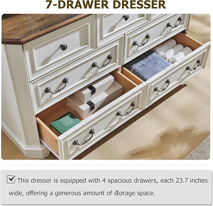 T4TREAM Farmhouse 7 Drawers Dresser for Bedroom, 54" Wide Wood Rustic Chest of Drawers with Natural Texture, Vintage Design, Storage Dressers Organizer for Bedroom, Living Room, Hallway, Antique White